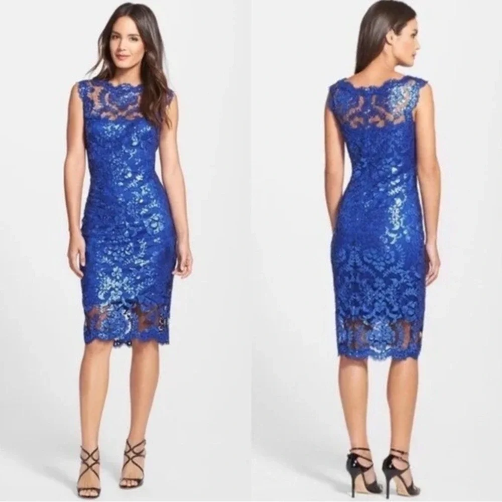 Tadashi Shoji Paillette Embroidered Lace Sheath Royal Blue Sequin Dress‎ 14